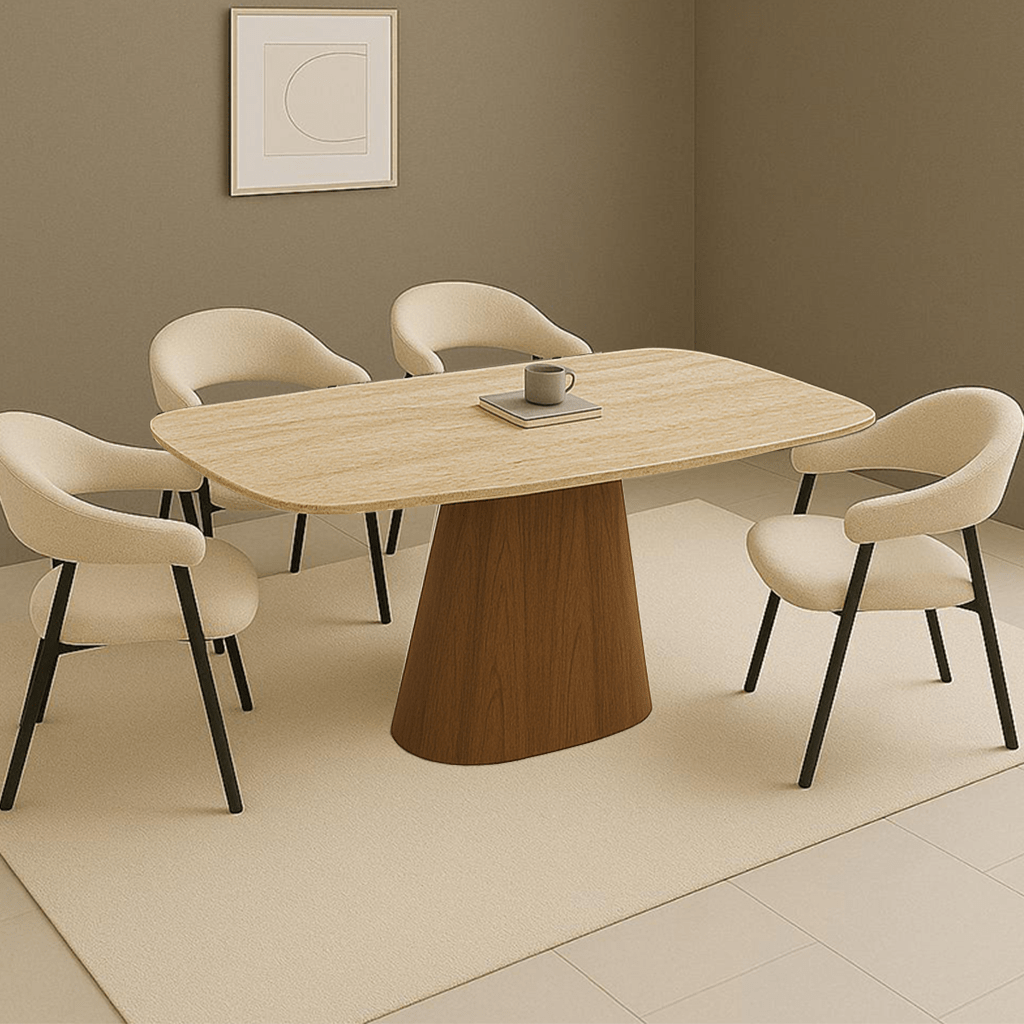 Complete Furniture Set: Lea Dining Table Sintered Stone Marble Look Travertine - Walnut Frame + 4x Lisa Dining Chairs Bouclé Beige 