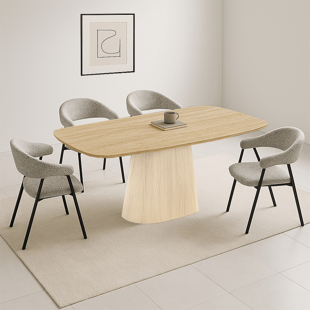 Complete Furniture Set: Lea Dining Table Sintered Stone Marble Look Travertine - Oak Frame + 4x Lisa Dining Chairs Bouclé Gray 