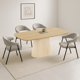 Complete Furniture Set: Lea Dining Table Sintered Stone Marble Look Travertine - Oak Frame + 4x Lisa Dining Chairs Bouclé Gray 