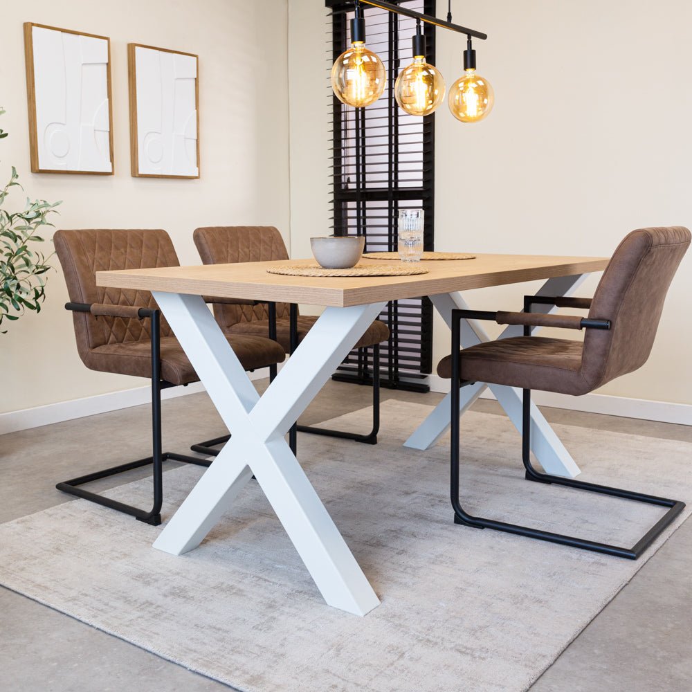 Dining table Lenzo rustic oak x-leg white