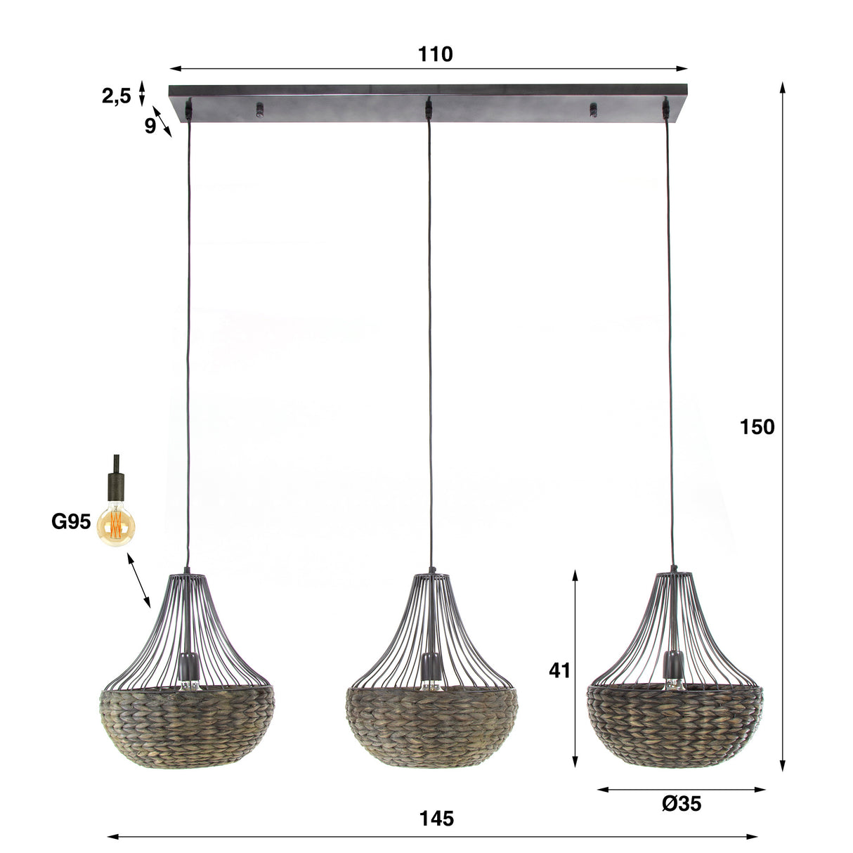 Hanglamp Demi DH Interior Zwart Nikkel Witfoto maatindicatie