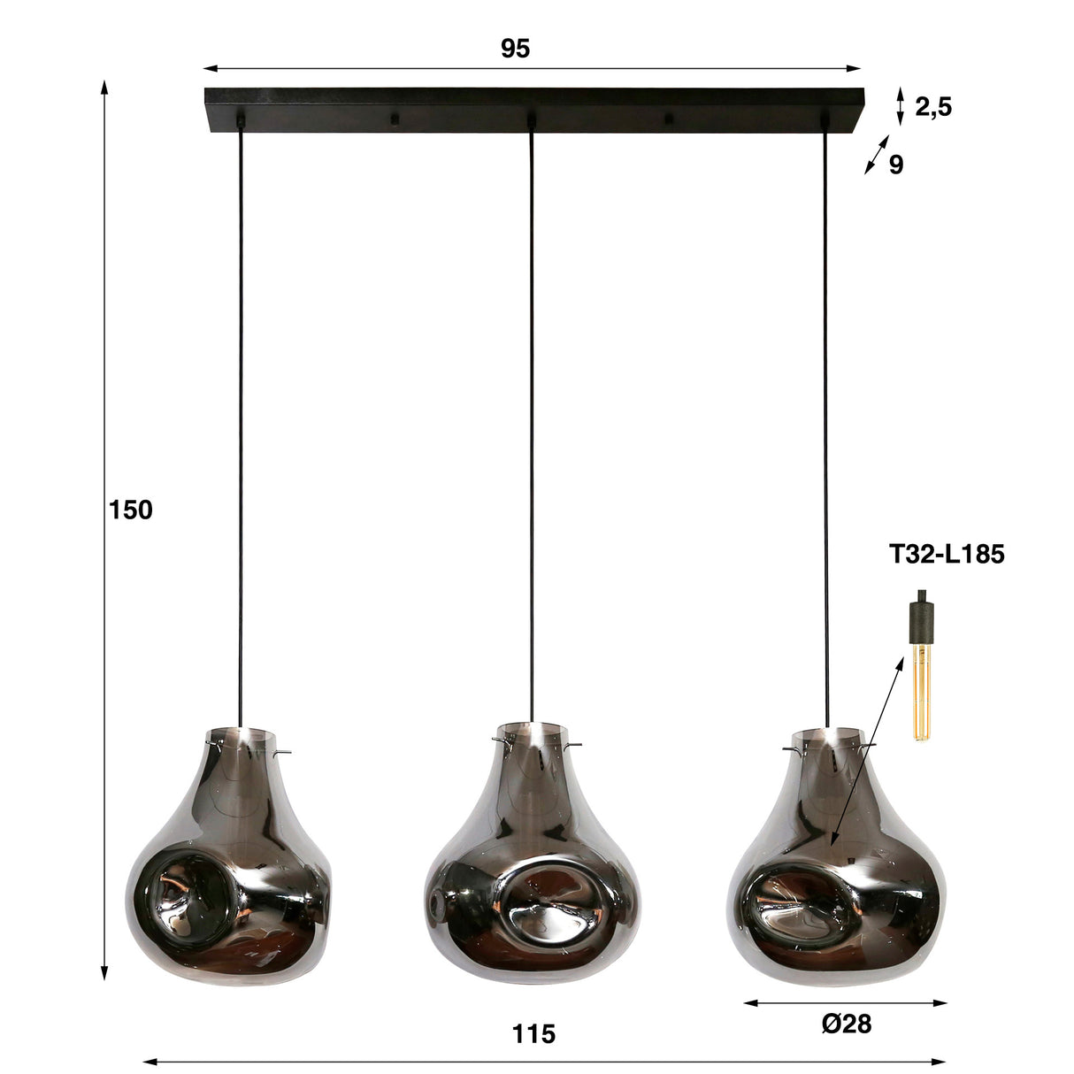 Hanglamp Denissia DH Interior Zwart LxBxH 106x47x39 Metaal Witfoto maatindicatie