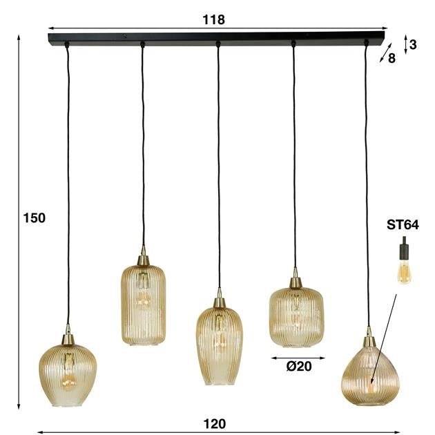 Hanglamp Ella DH Interior Amber color glas LxBxH 127x48x27 Amber color glas Witfoto maatindicatie