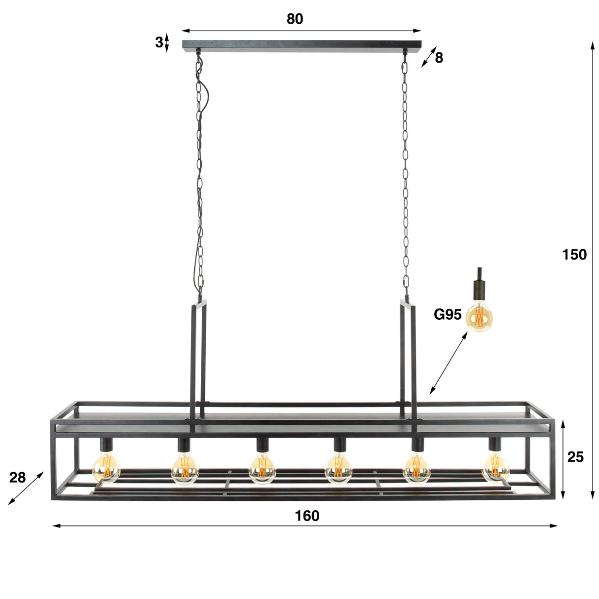 Hanglamp Eloisa DH Interior Charcoal LxBxH 162x38x32 Metaal Witfoto maatindicatie