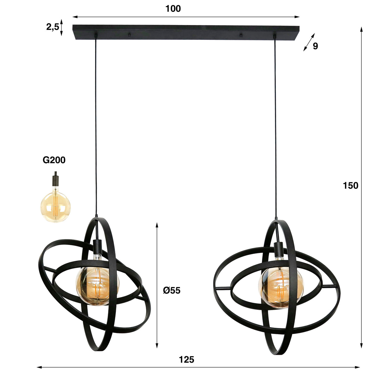 Hanglamp Galaxy DH Interior Zwart LxBxH 133x68x16 Metaal Witfoto maatindicatie