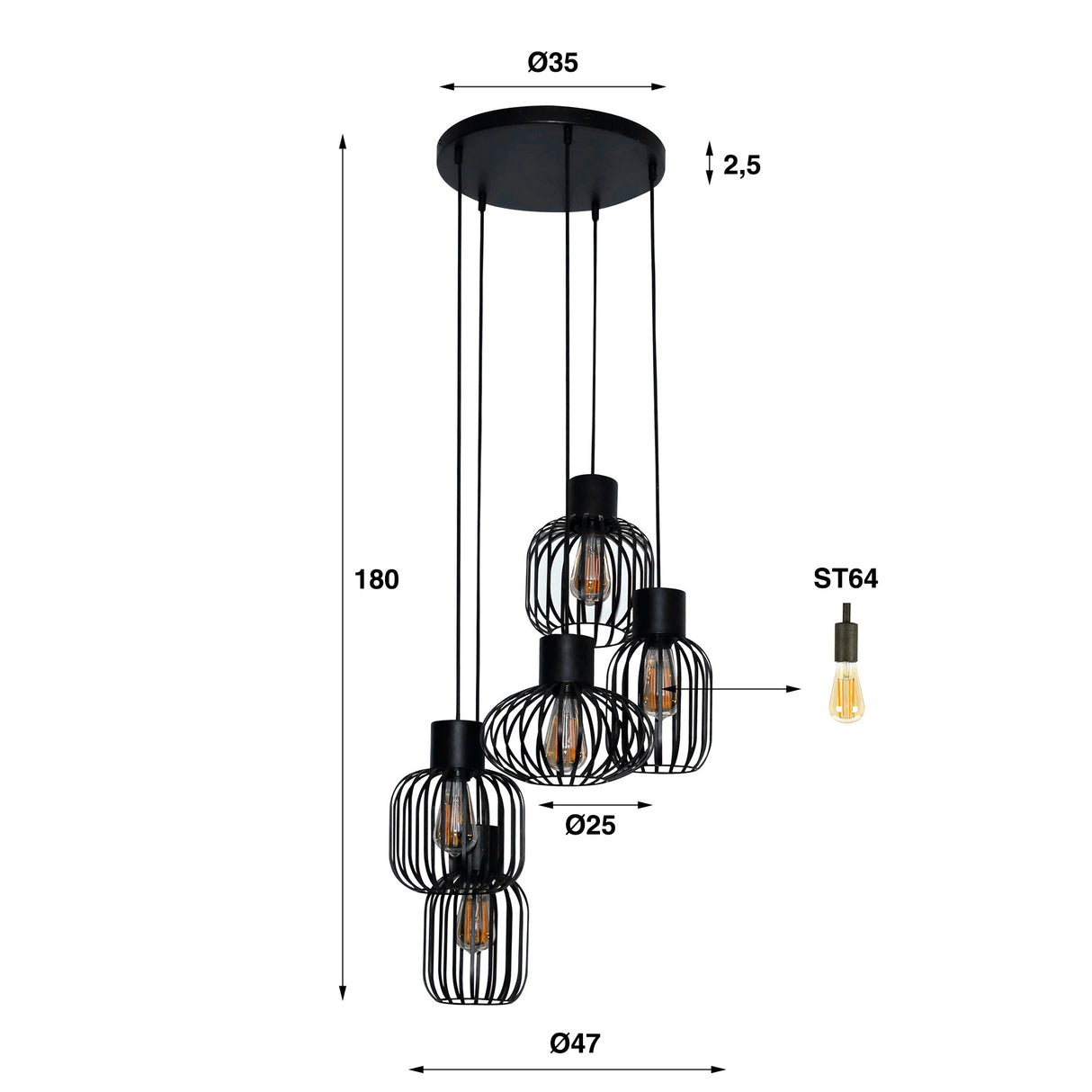 Hanglamp Hannes DH Interior Charcoal LxBxH 51x51x19 Metaal Witfoto maatindicatie