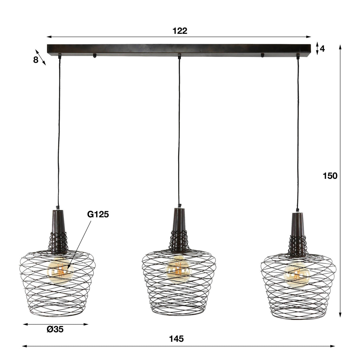 Hanglamp Luki DH Interior Koper Metaal Witfoto maatindicatie