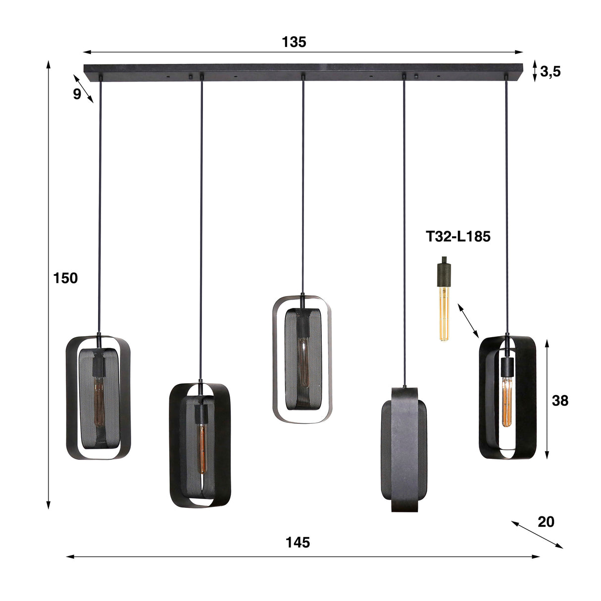 Hanglamp Jeff DH Interior Zwart LxBxH 141x51x15 Metaal Witfoto maatindicatie