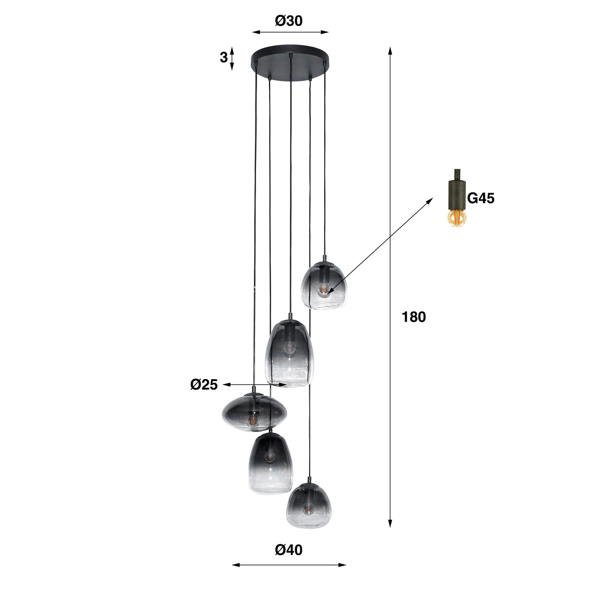 Hanglamp Larissa DH Interior Zwart LxBxH 67x52x31 Metaal Witfoto maatindicatie