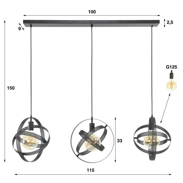 Hanglamp Yaya DH Interior Zwart LxBxH 112x43x17 Metaal Witfoto maatindicatie