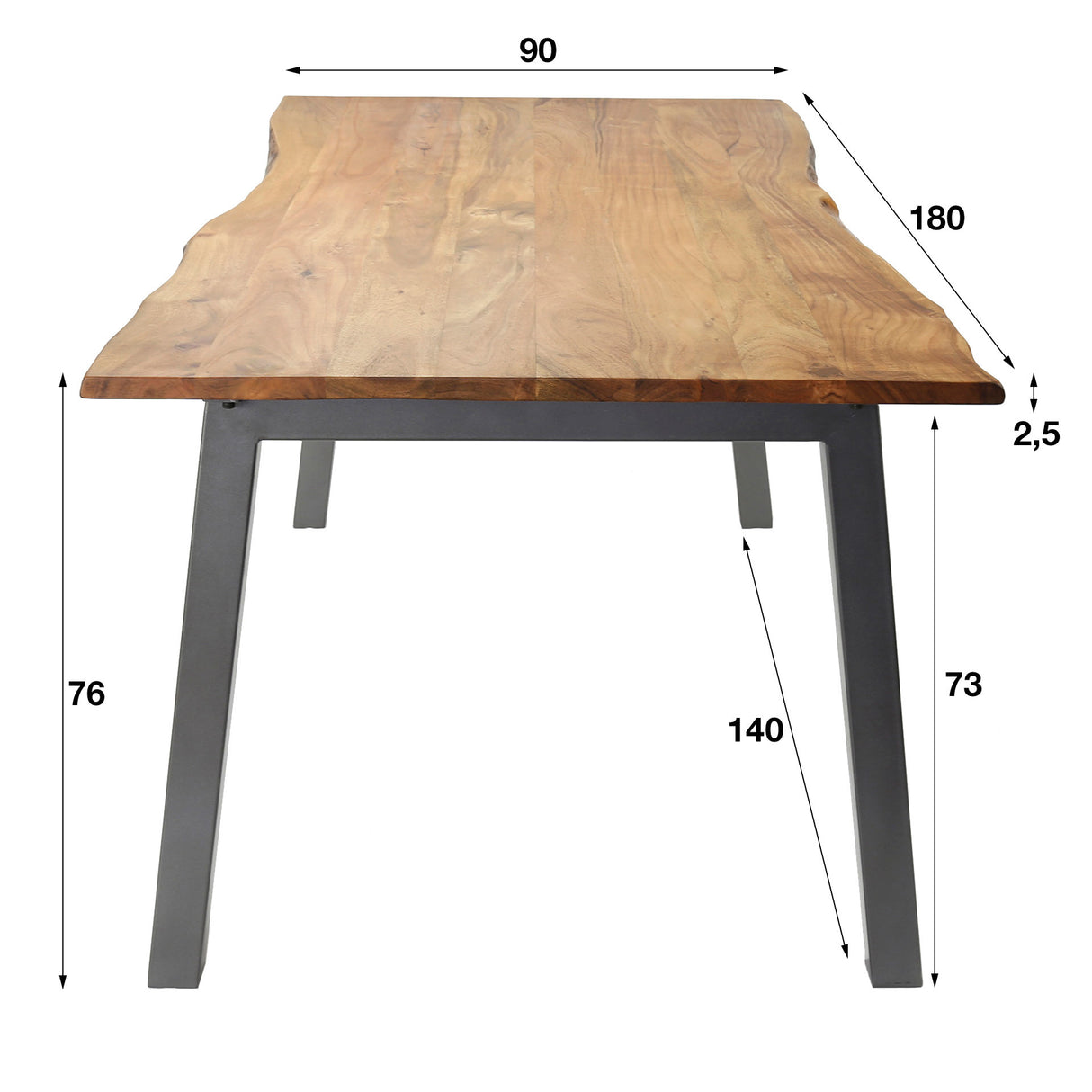 Eettafel Edge DH Interior Acacia LxBxH 186x101x7 Acaciahout Witfoto maatindicatie