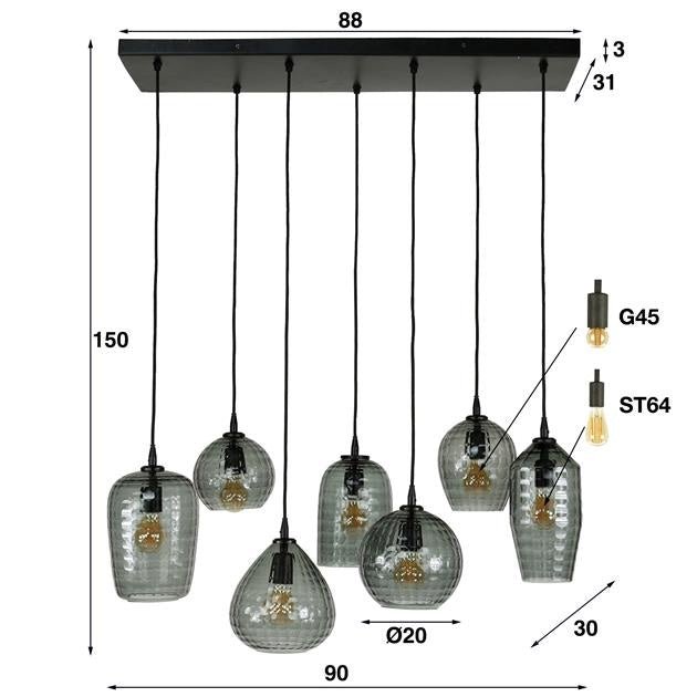 Hanglamp Gaby DH Interior Grijs LxBxH 124x38x18 Glas Witfoto maatindicatie