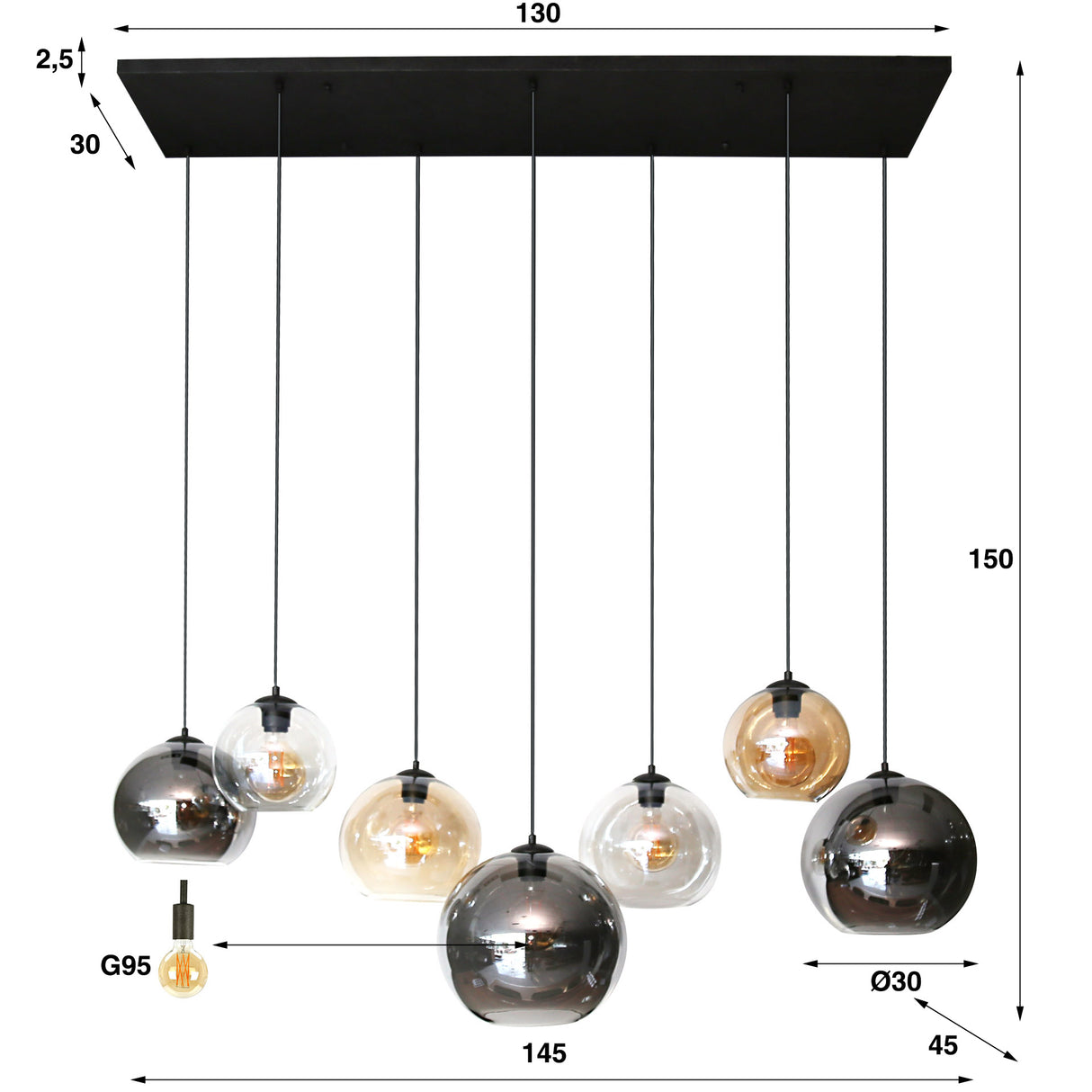 Hanglamp Juliette DH Interior Zwart LxBxH 137x55x41 Metaal Witfoto maatindicatie