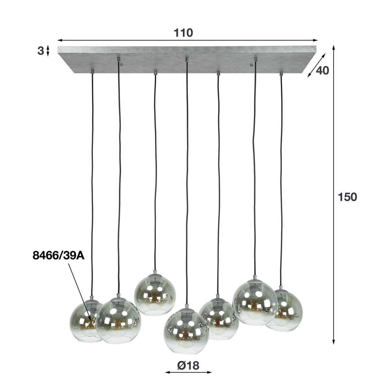 Hanglamp Juliette DH Interior Zilver LxBxH 116x48x33 Zilver Witfoto maatindicatie