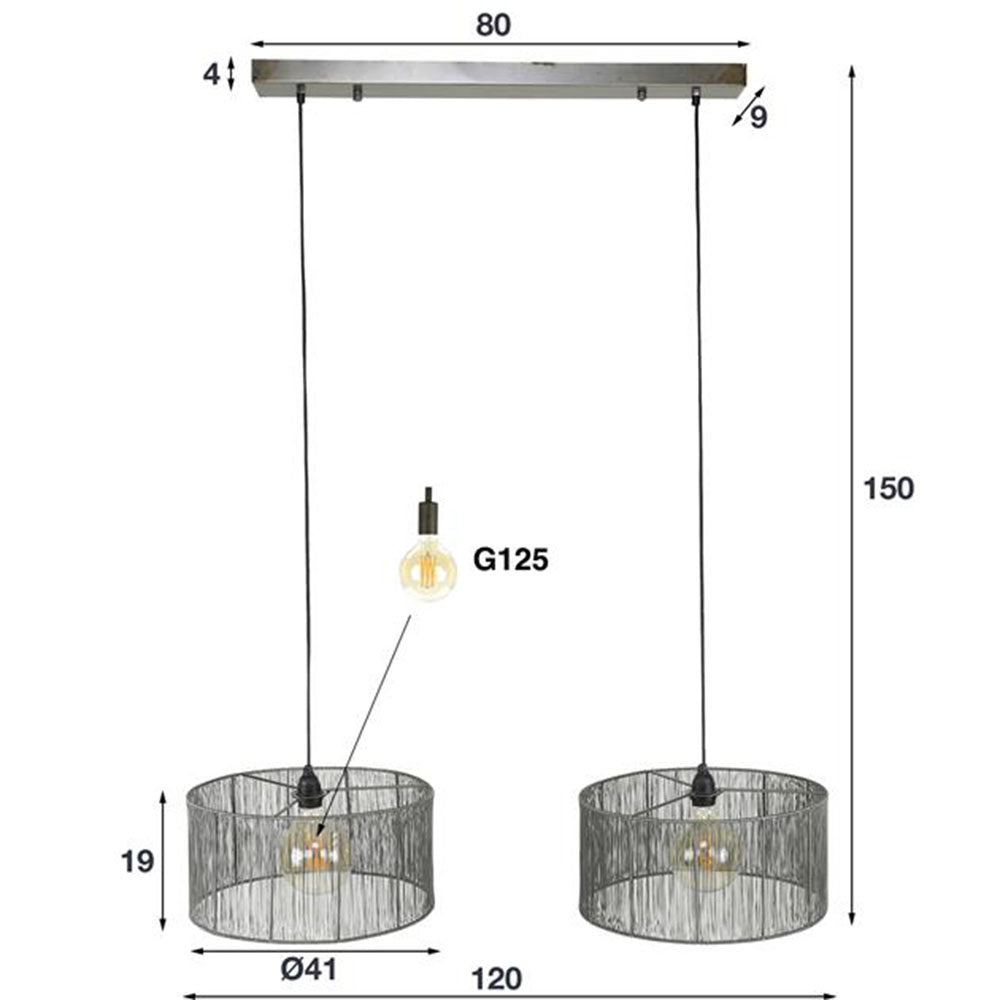 Hanglamp Luis DH Interior Zwart LxBxH 90x45x28 Nikkel Witfoto maatindicatie