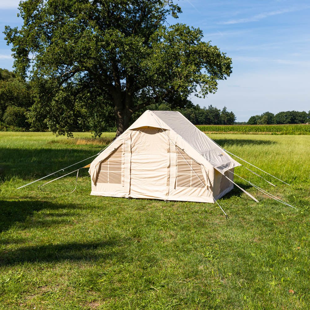 Tent Vier persoons Opblaasbaar Beige 300x200x210 cm Dimehouse Beige LxBxH 75x48x38 Katoen Sfeerfoto schuin vooraanzicht