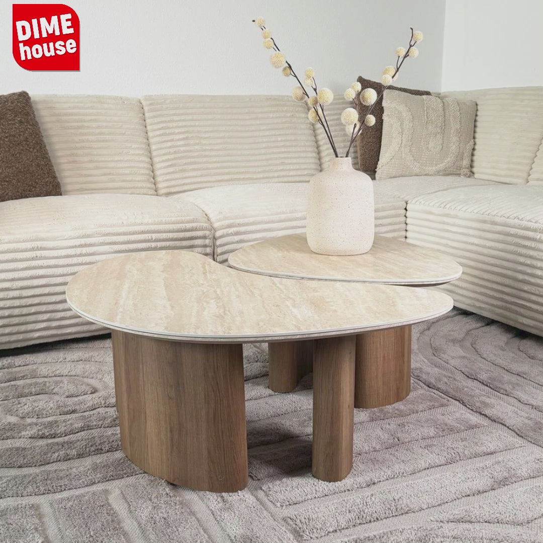 Coffee table set of 2 Jimi travertine top with walnut base 
