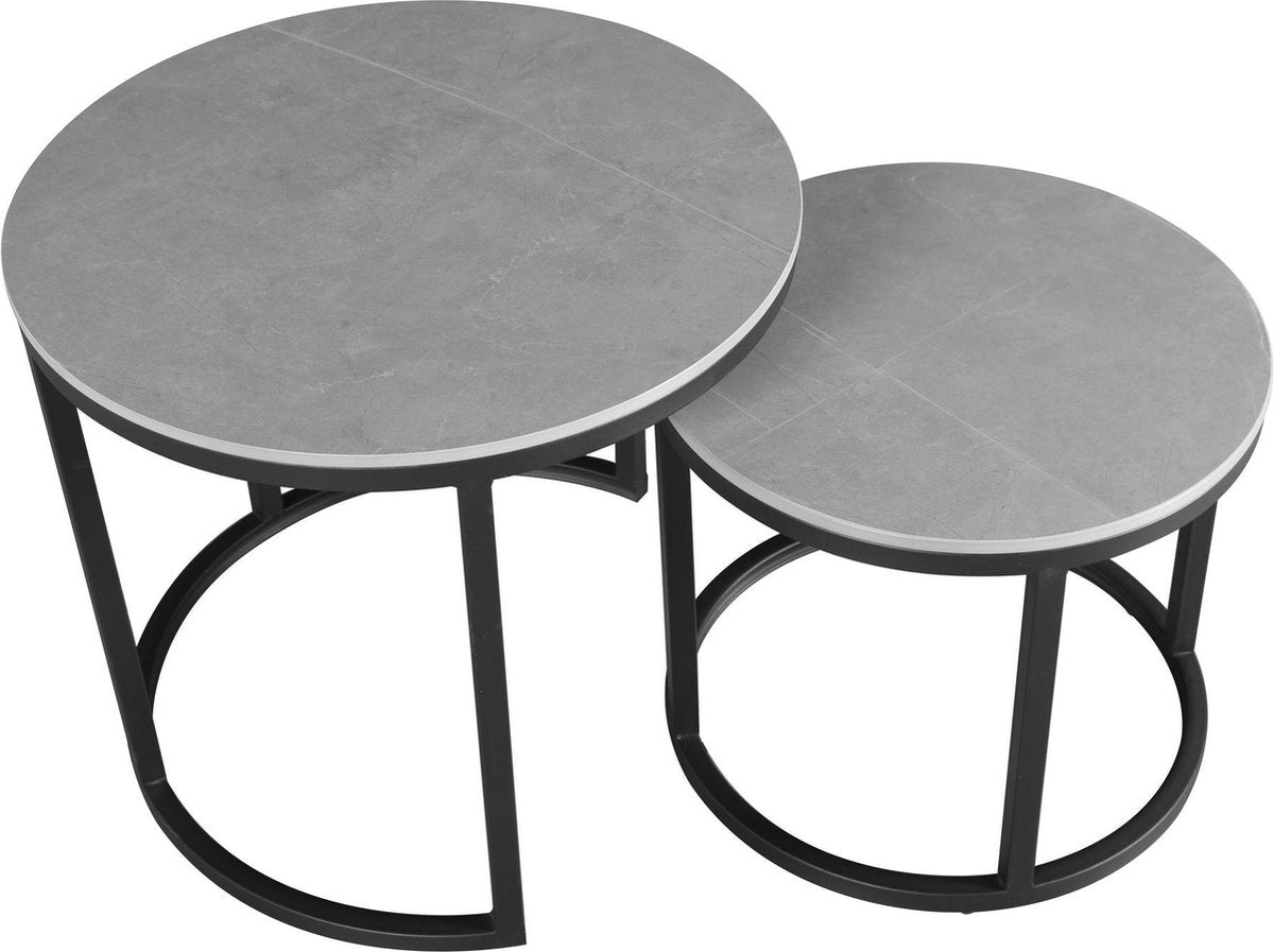 Round coffee table set of 2 sintered stone marble look paige gray