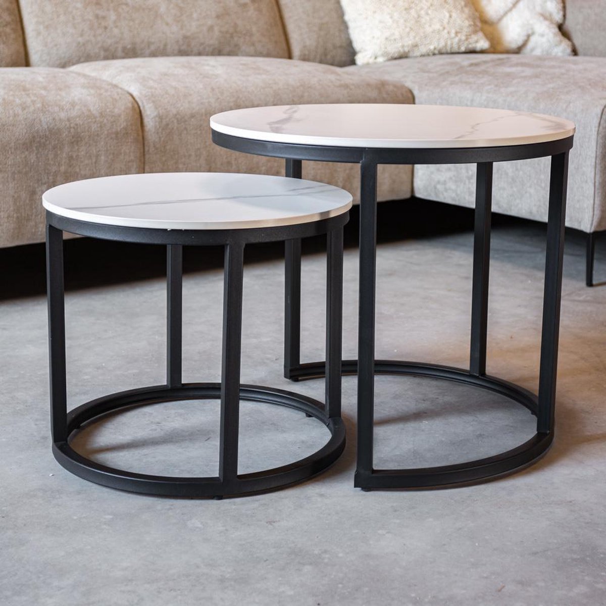 Round coffee table set of 2 sintered stone marble look paige white